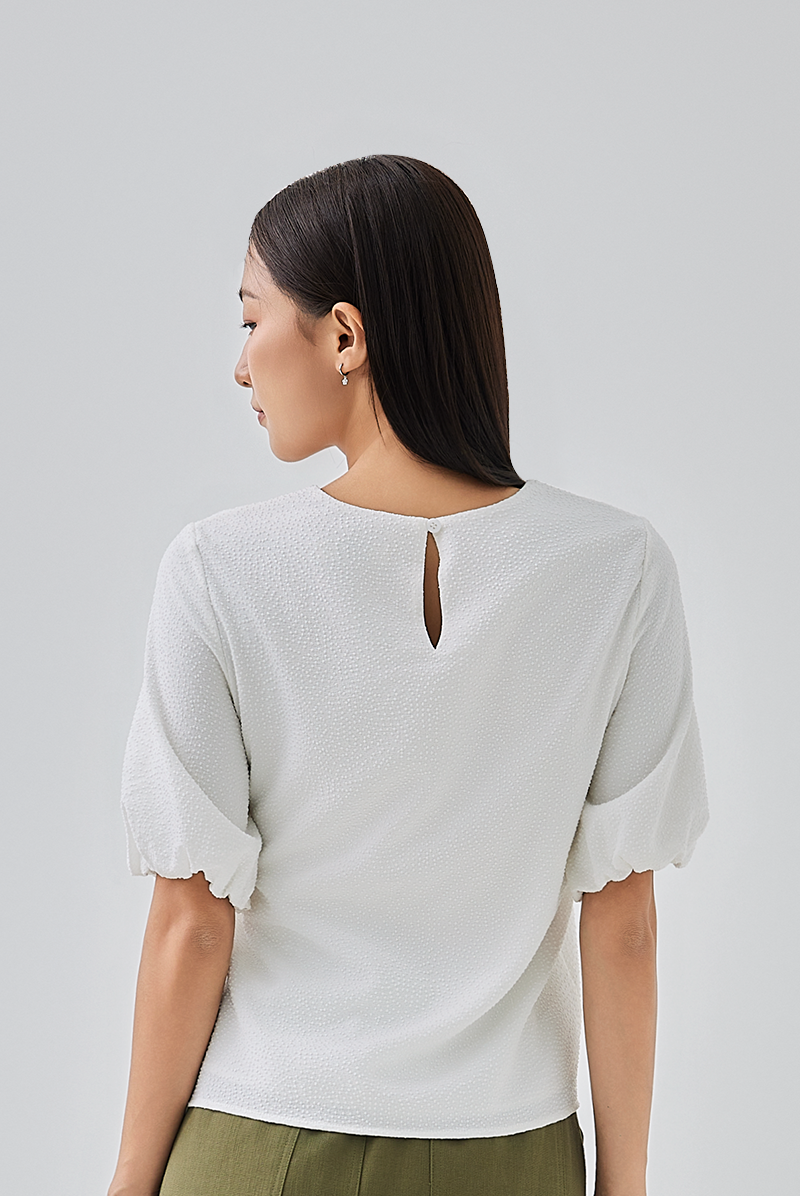 Louise Puff Sleeves Textured Blouse in White