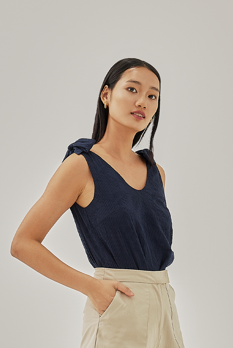 Ondre Textured Ribbon Top in Navy Blue