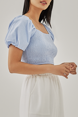 Joyann Smocked Crop Top in Baby Blue