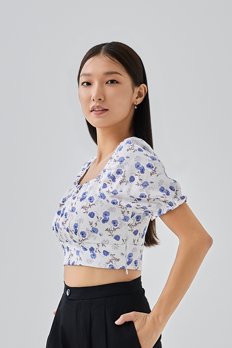 Andrea Floral Crop Top in White 