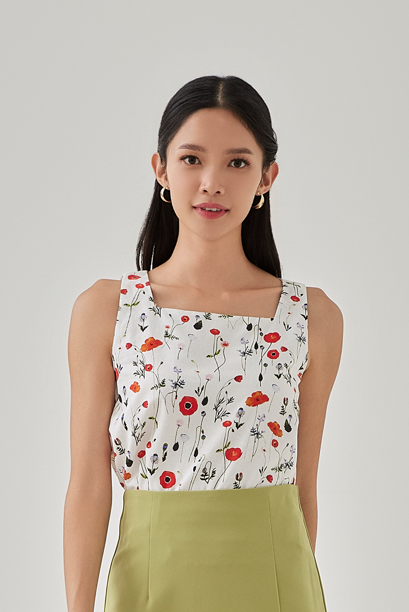 Alora Printed Square Neck Top in White