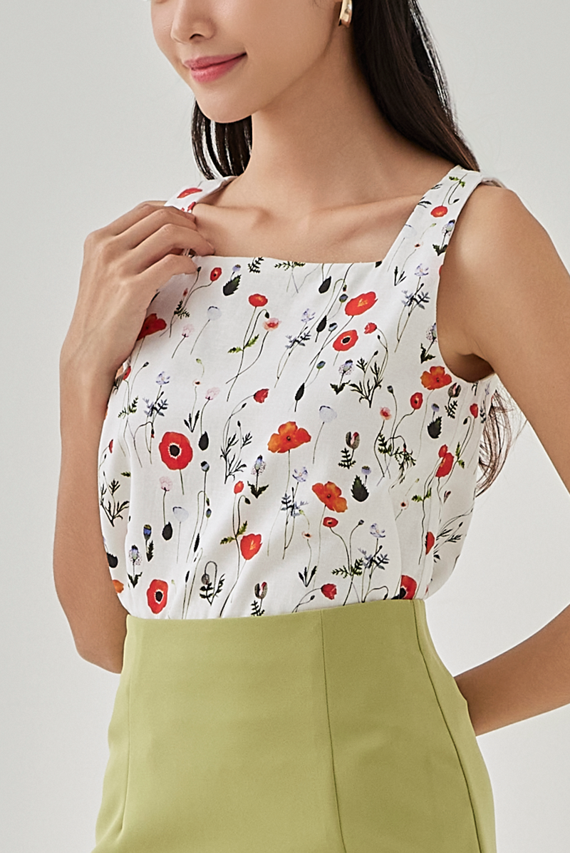 Alora Printed Square Neck Top in White