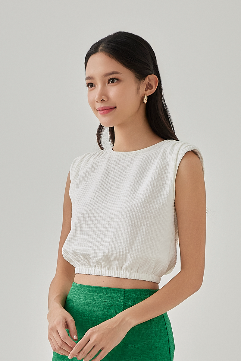 Eliza Padded Shoulders Textured Crop Top in White