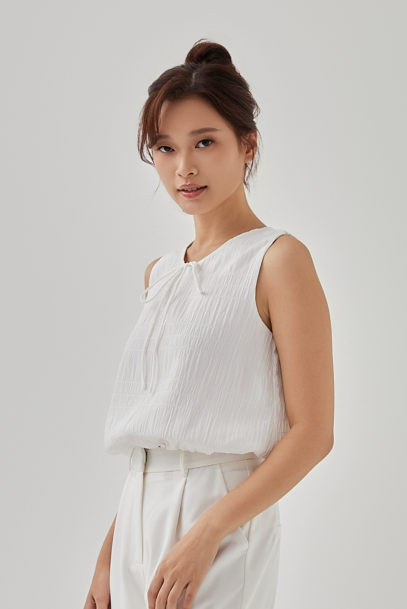 Sol Textured Self Tying Ribbon Top in White