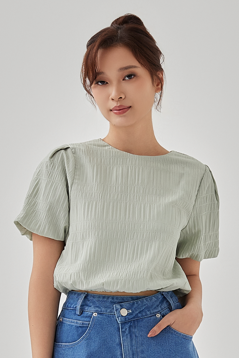 Sol Textured Puff Sleeves Top in Sage Green