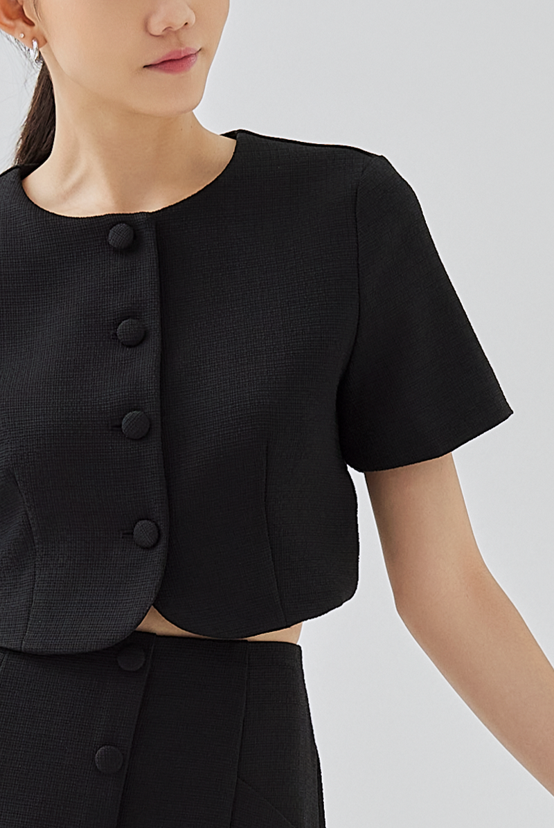 Sidney Tweed Button-Up Crop Top in Black