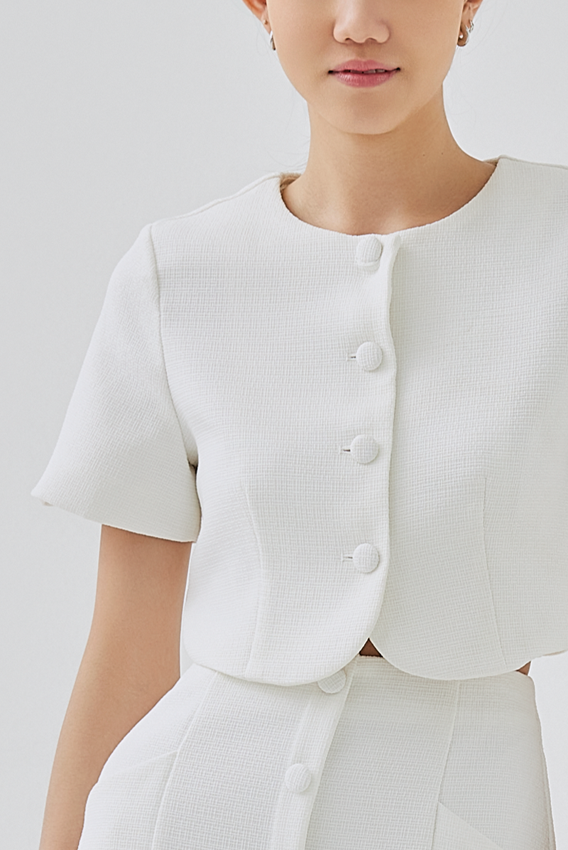 Sidney Tweed Button-Up Crop Top in White