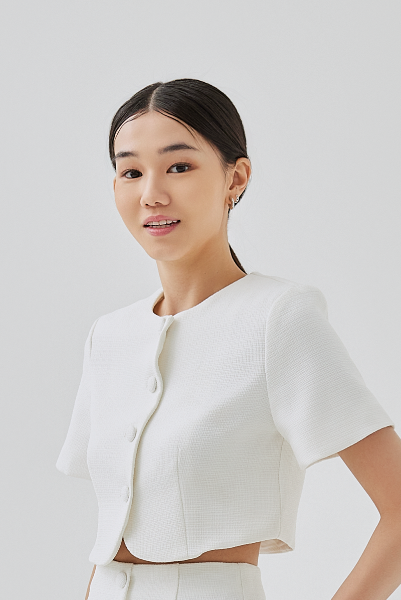 Sidney Tweed Button-Up Crop Top in White