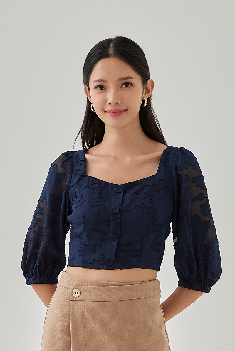 Joanna Puff Sleeves Floral Textured Top in Navy Blue
