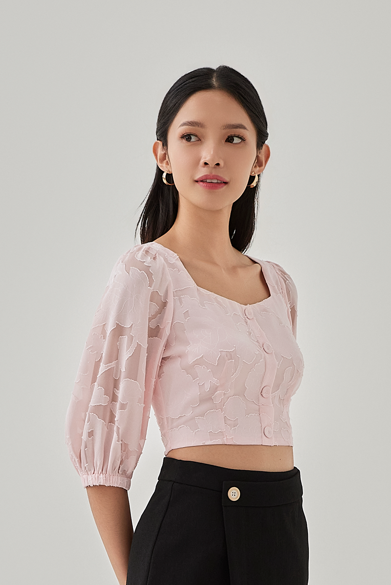 Joanna Puff Sleeves Floral Textured Top in Pink
