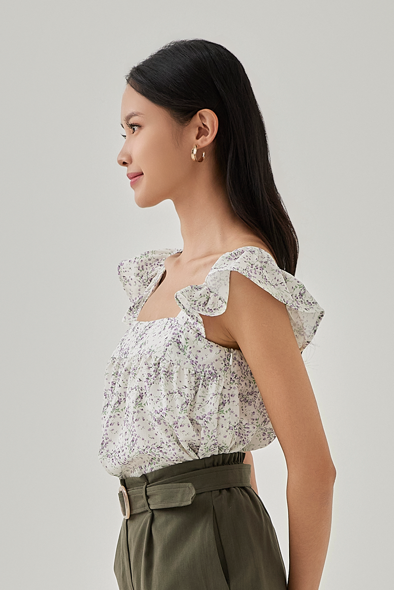 Flora Floral Flare Sleeves Top in Wisteria
