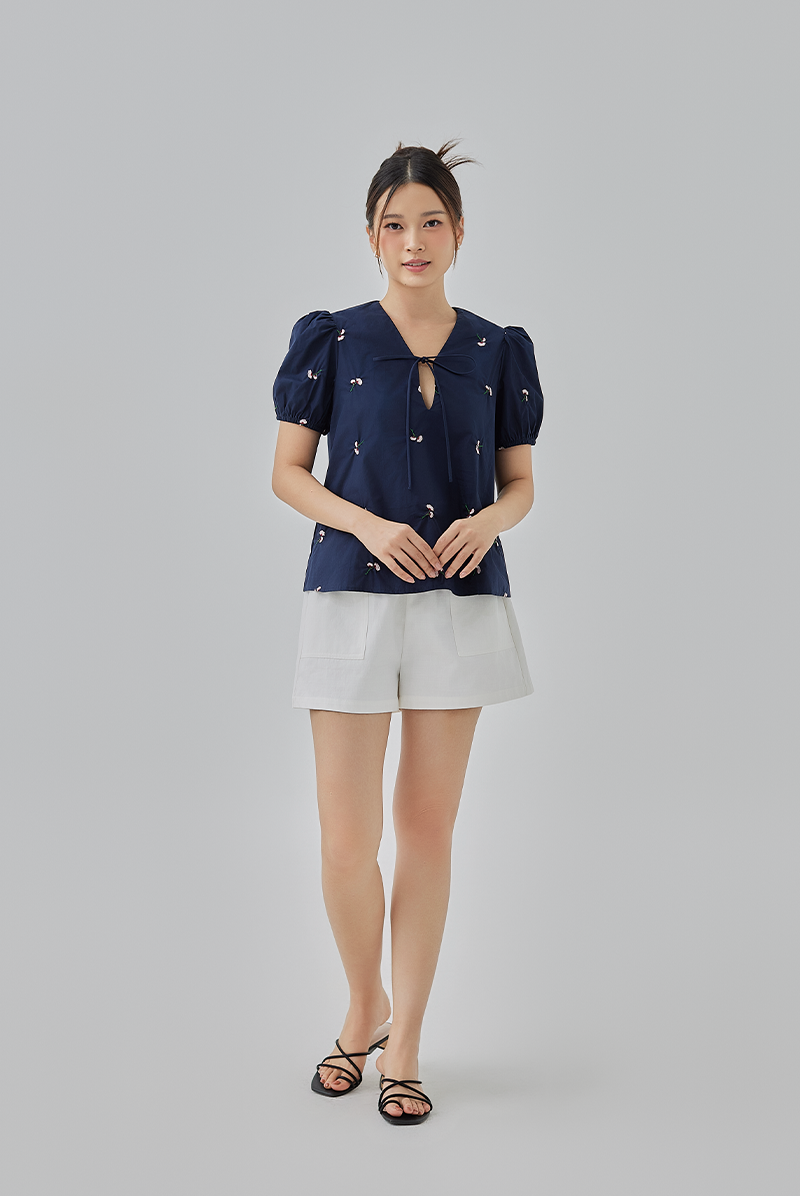 Penelope Embroidery Self Tying Ribbon Top Navy Blue