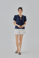 Penelope Embroidery Self Tying Ribbon Top Navy Blue