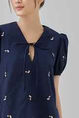 Penelope Embroidery Self Tying Ribbon Top Navy Blue
