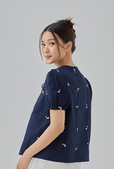 Penelope Embroidery Self Tying Ribbon Top Navy Blue