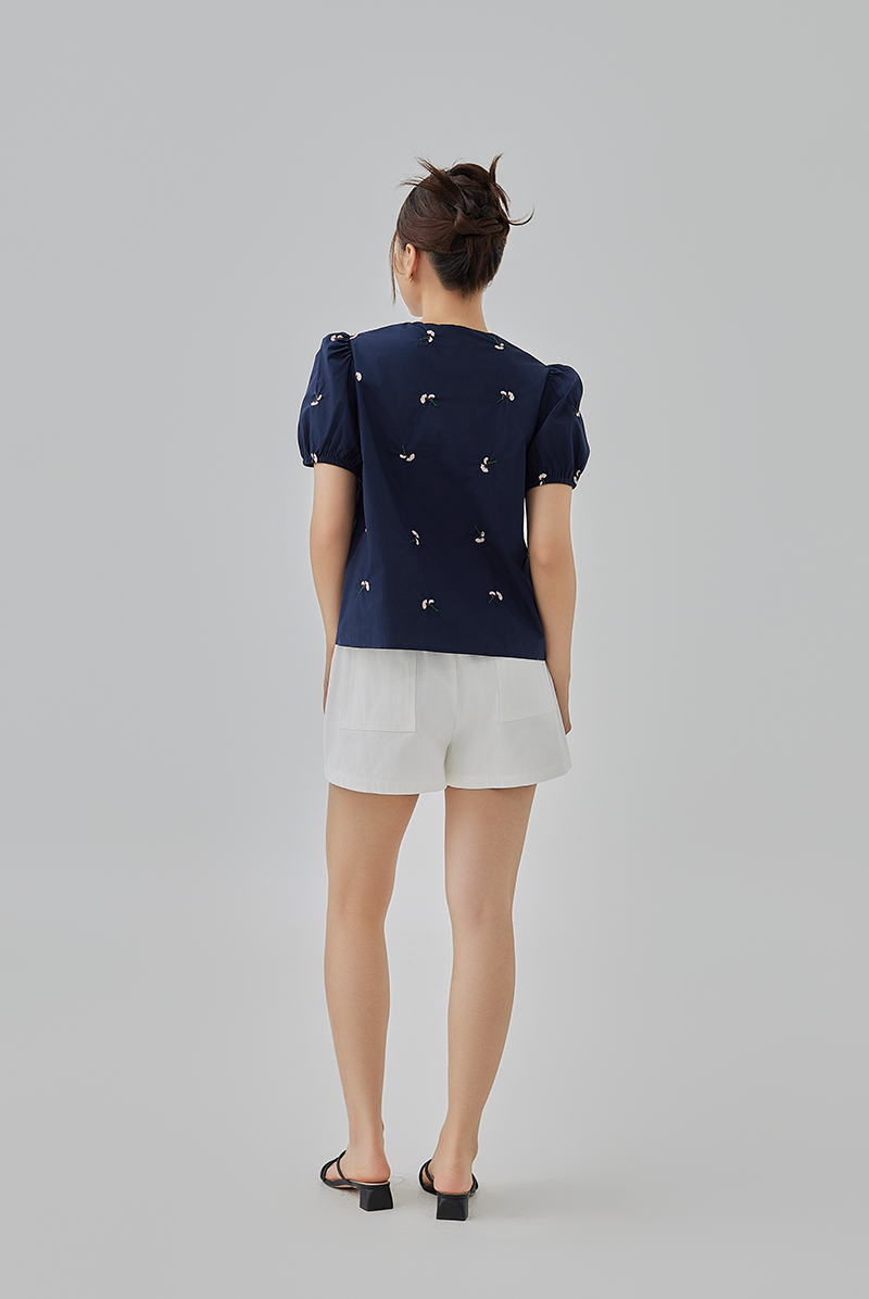 Penelope Embroidery Self Tying Ribbon Top Navy Blue