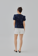 Penelope Embroidery Self Tying Ribbon Top Navy Blue