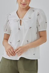 Penelope Embroidery Self Tying Ribbon Top White