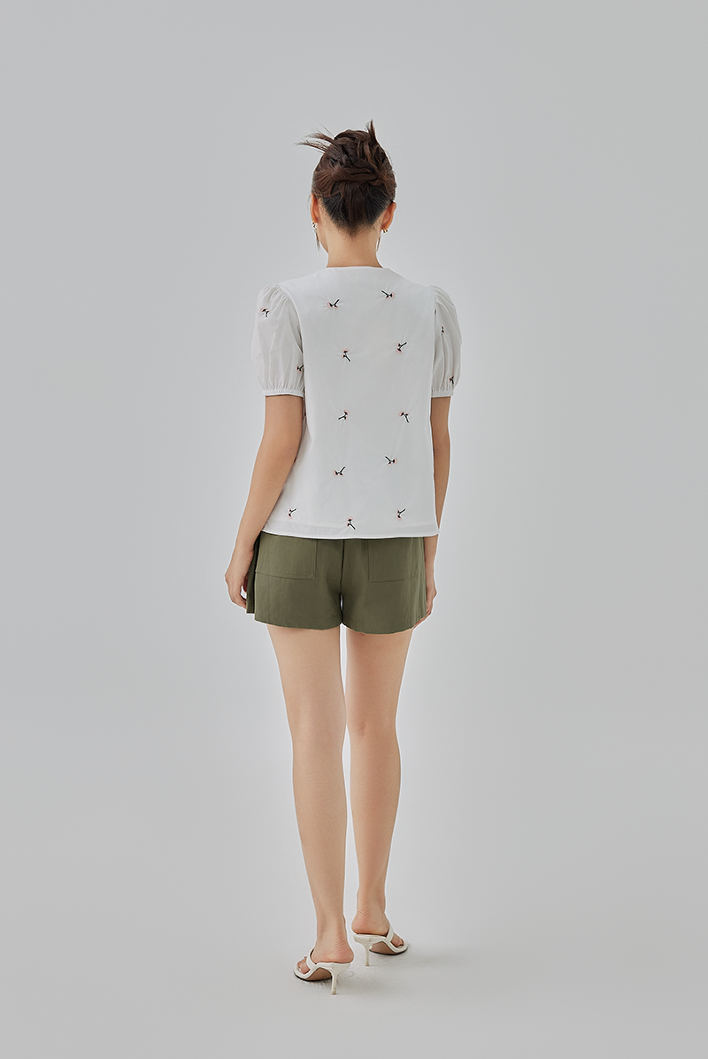 Penelope Embroidery Self Tying Ribbon Top White