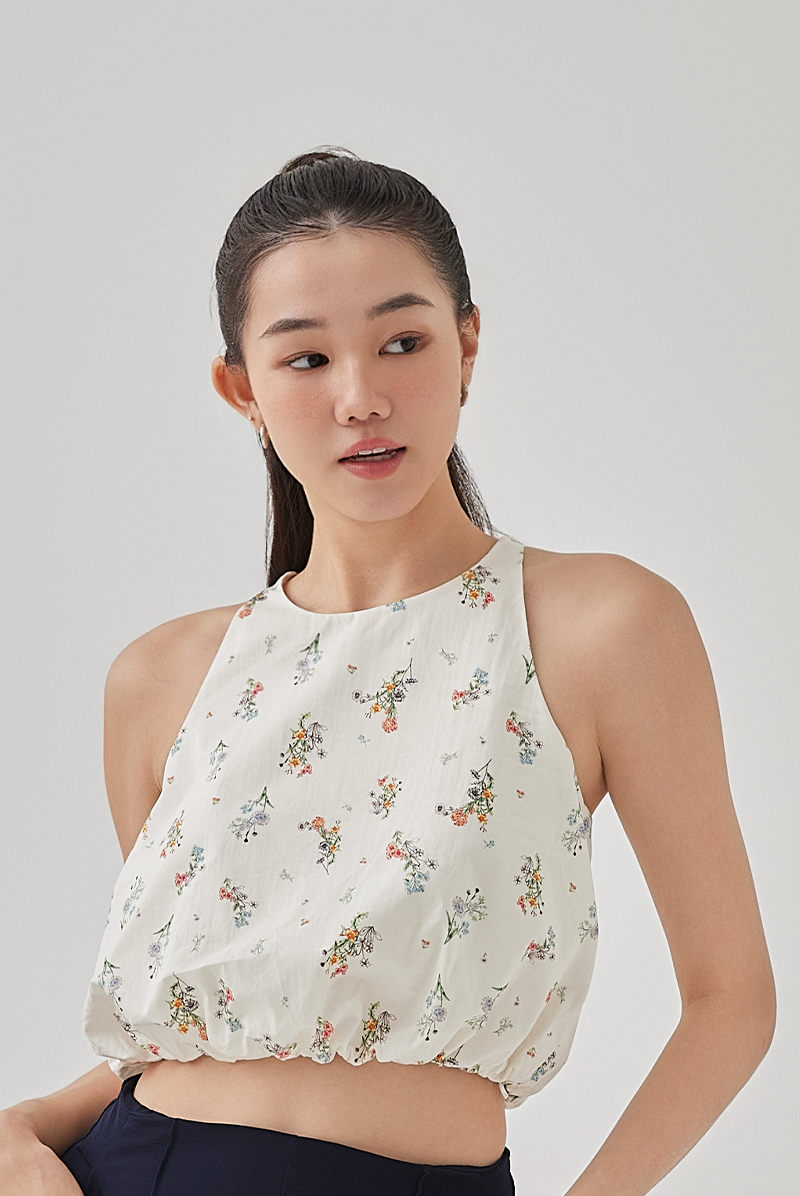 Beau Printed Bubble Hem Top in Cream