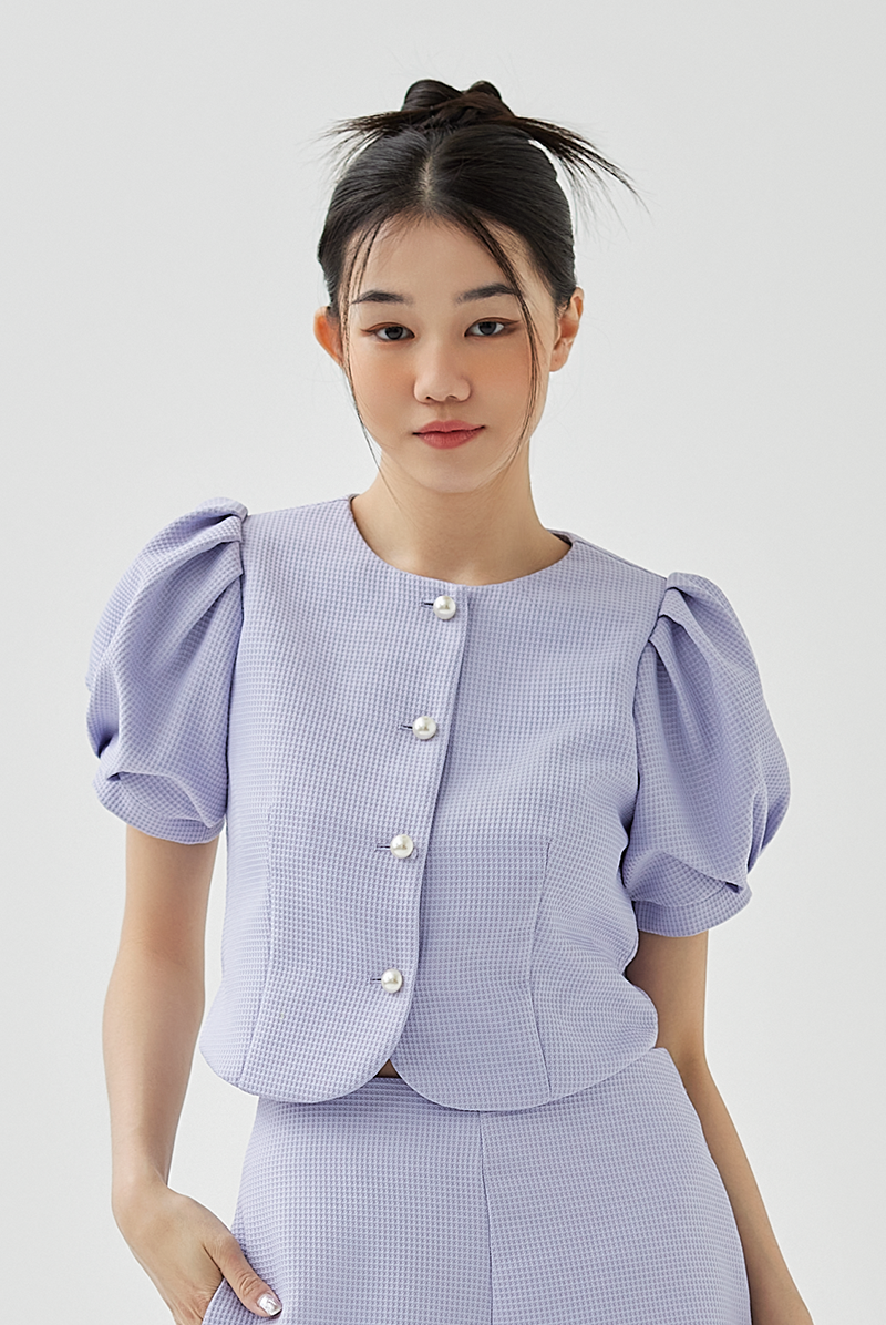 Fay Pleated Puff Sleeve Textured Top in Lilac