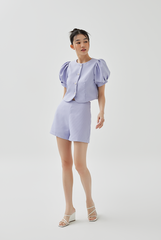 Fay Pleated Puff Sleeve Textured Top in Lilac