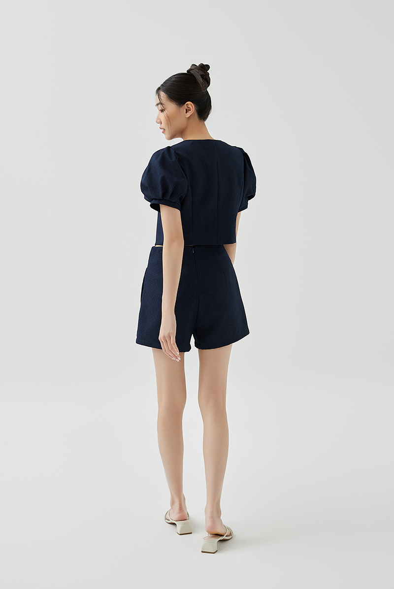 Fay Pleated Puff Sleeve Textured Top in Navy Blue