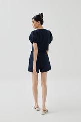 Fay Pleated Puff Sleeve Textured Top in Navy Blue