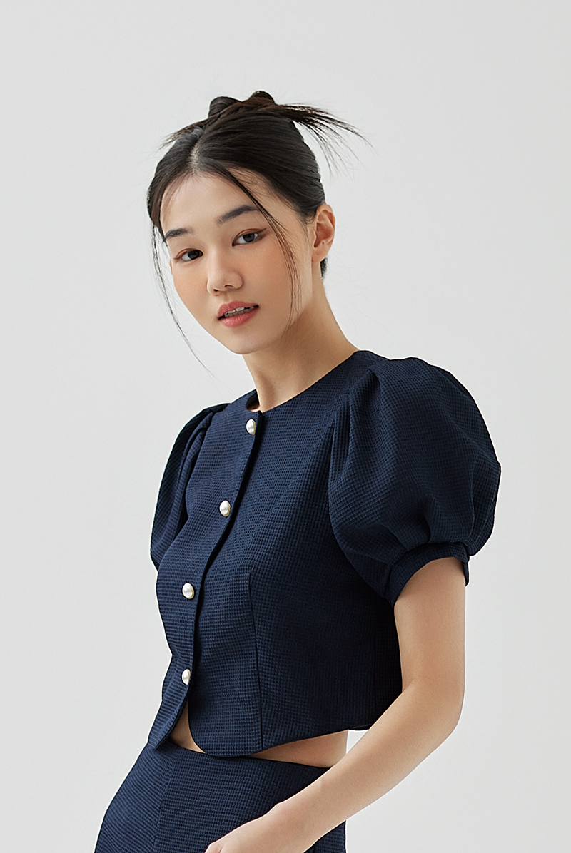 Fay Pleated Puff Sleeve Textured Top in Navy Blue