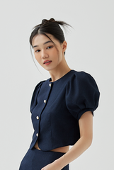 Fay Pleated Puff Sleeve Textured Top in Navy Blue