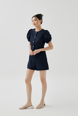 Fay Pleated Puff Sleeve Textured Top in Navy Blue
