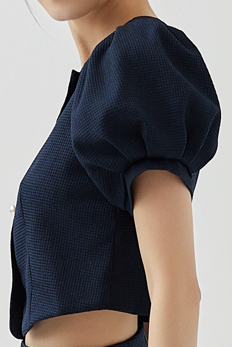 Fay Pleated Puff Sleeve Textured Top in Navy Blue