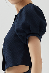 Fay Pleated Puff Sleeve Textured Top in Navy Blue