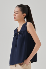 Alesha Front Self Tying Ribbon Top in Navy Blue