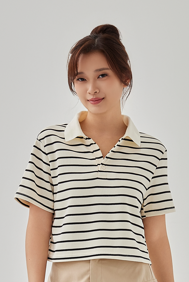 Yazmin Striped Polo Tee in Cream