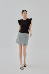 Jessica Ruffled Flutter Sleeves Ribbed Knit Top In Black