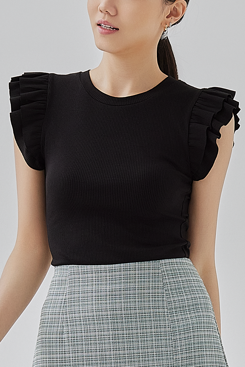 Jessica Ruffled Flutter Sleeves Ribbed Knit Top In Black
