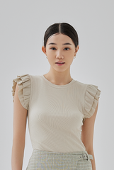 Jessica Ruffled Flutter Sleeves Ribbed Knit Top In Bone