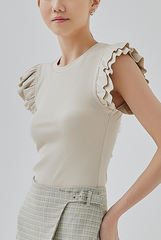 Jessica Ruffled Flutter Sleeves Ribbed Knit Top In Bone