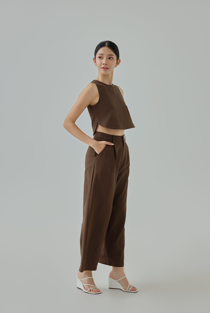 Enna Button-Detail Curved Hem Top