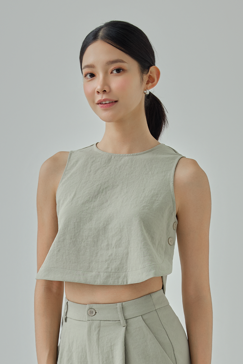 Enna Button-Detail Curved Hem Top