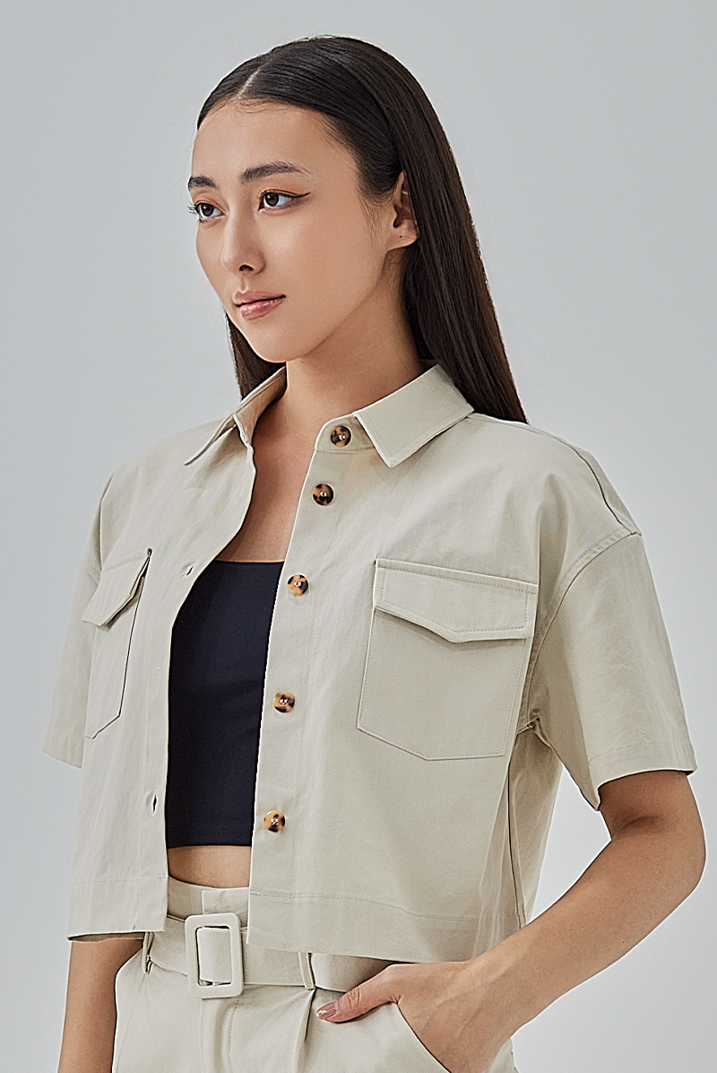 Addison Cropped Button-Up Shirt in Ash 