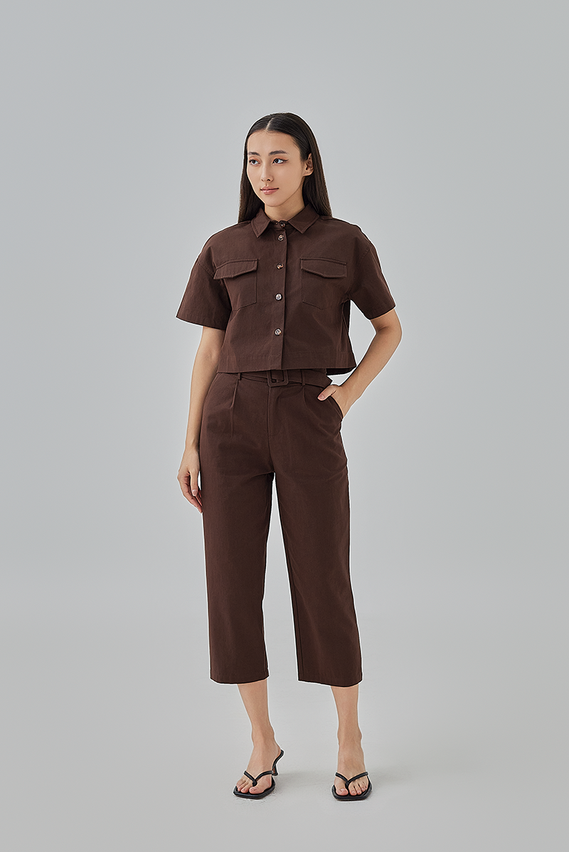 Addison Cropped Button-Up Shirt in Chocolate