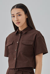 Addison Cropped Button-Up Shirt in Chocolate
