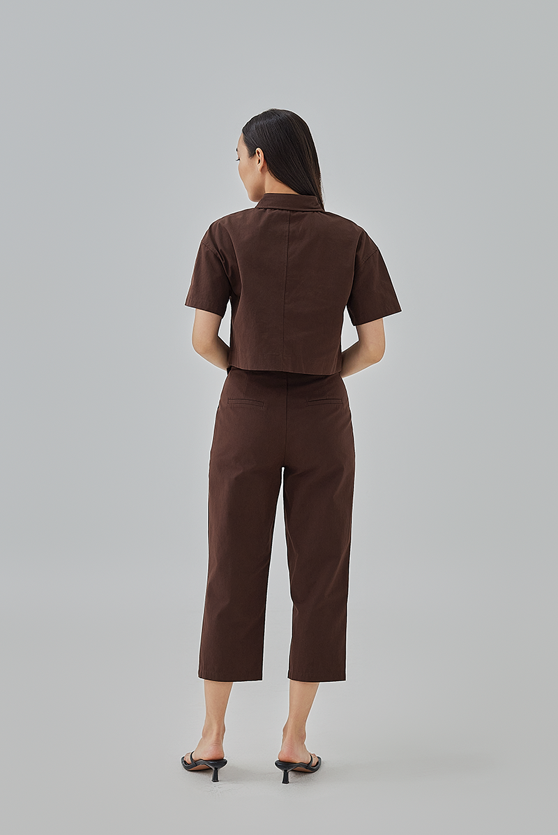Addison Cropped Button-Up Shirt in Chocolate