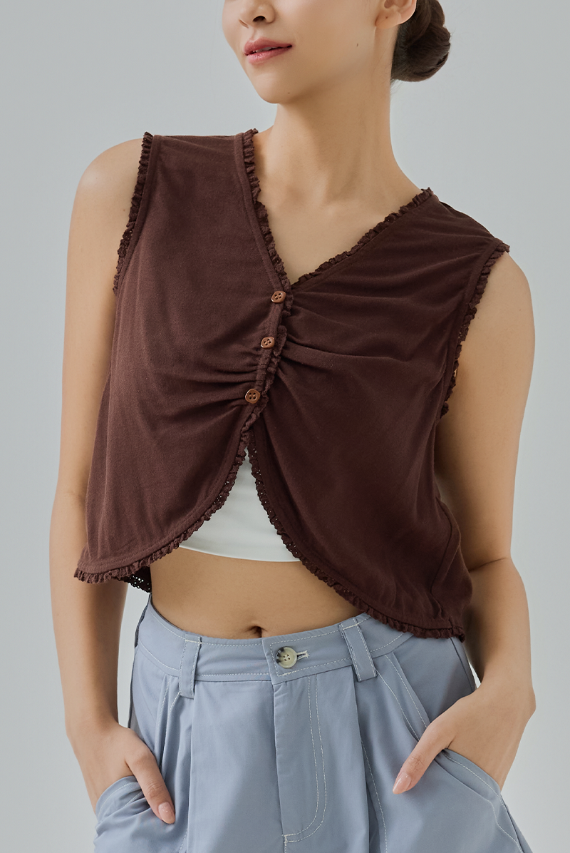 Frey Linen Ruched Front Vest Crop Top