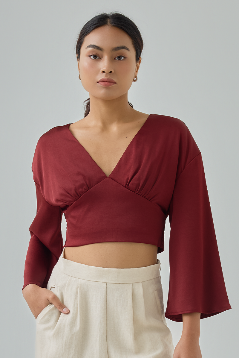 Zel Padded Satin Bell Sleeves Top