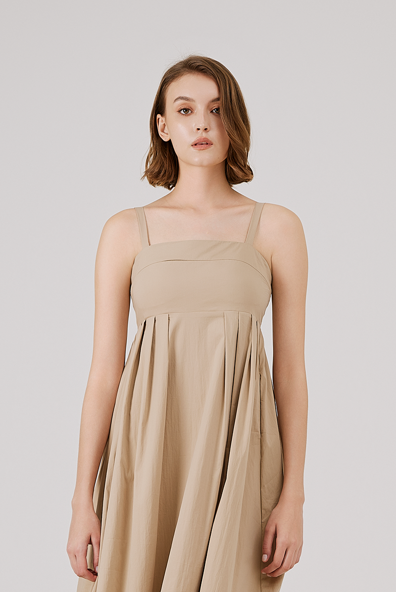 Padded Bust Empire Waist Dress in Khaki 