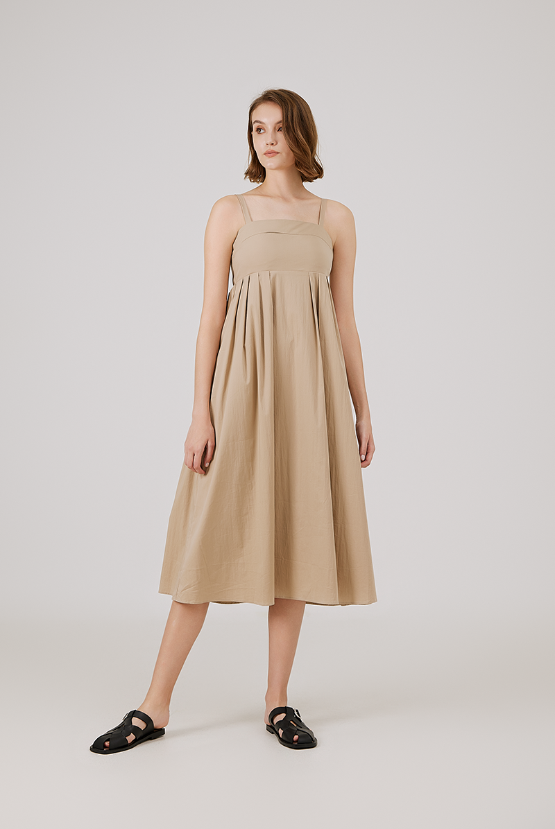 Padded Bust Empire Waist Dress in Khaki 