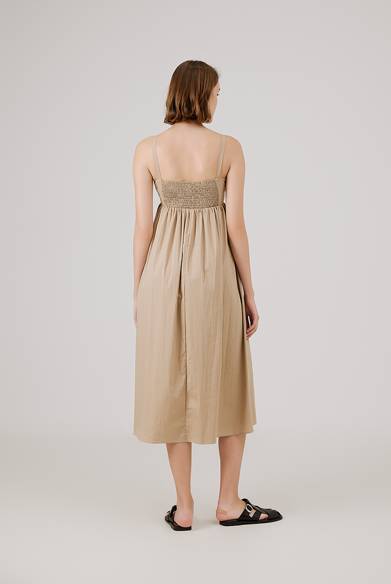Padded Bust Empire Waist Dress in Khaki 